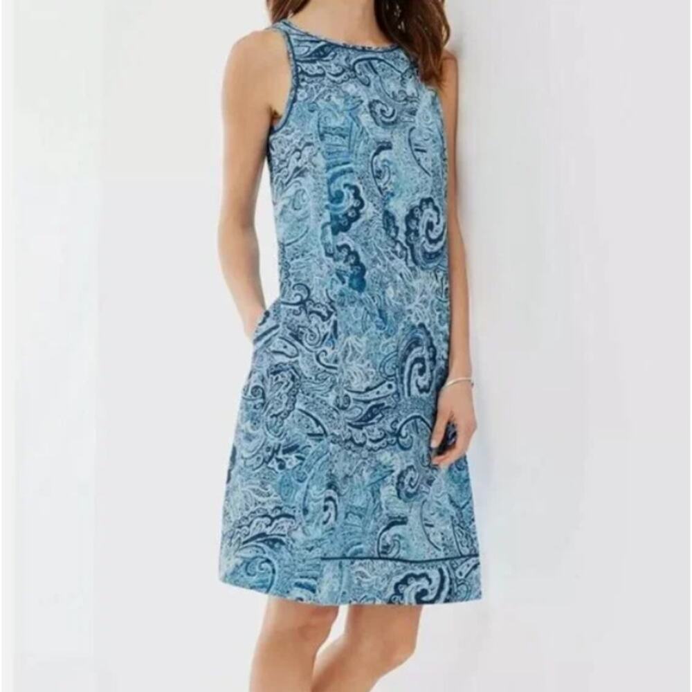 J Jill Love Linen Blue Paisley Shift Dress Womens XS Petite 100% Linen Pockets